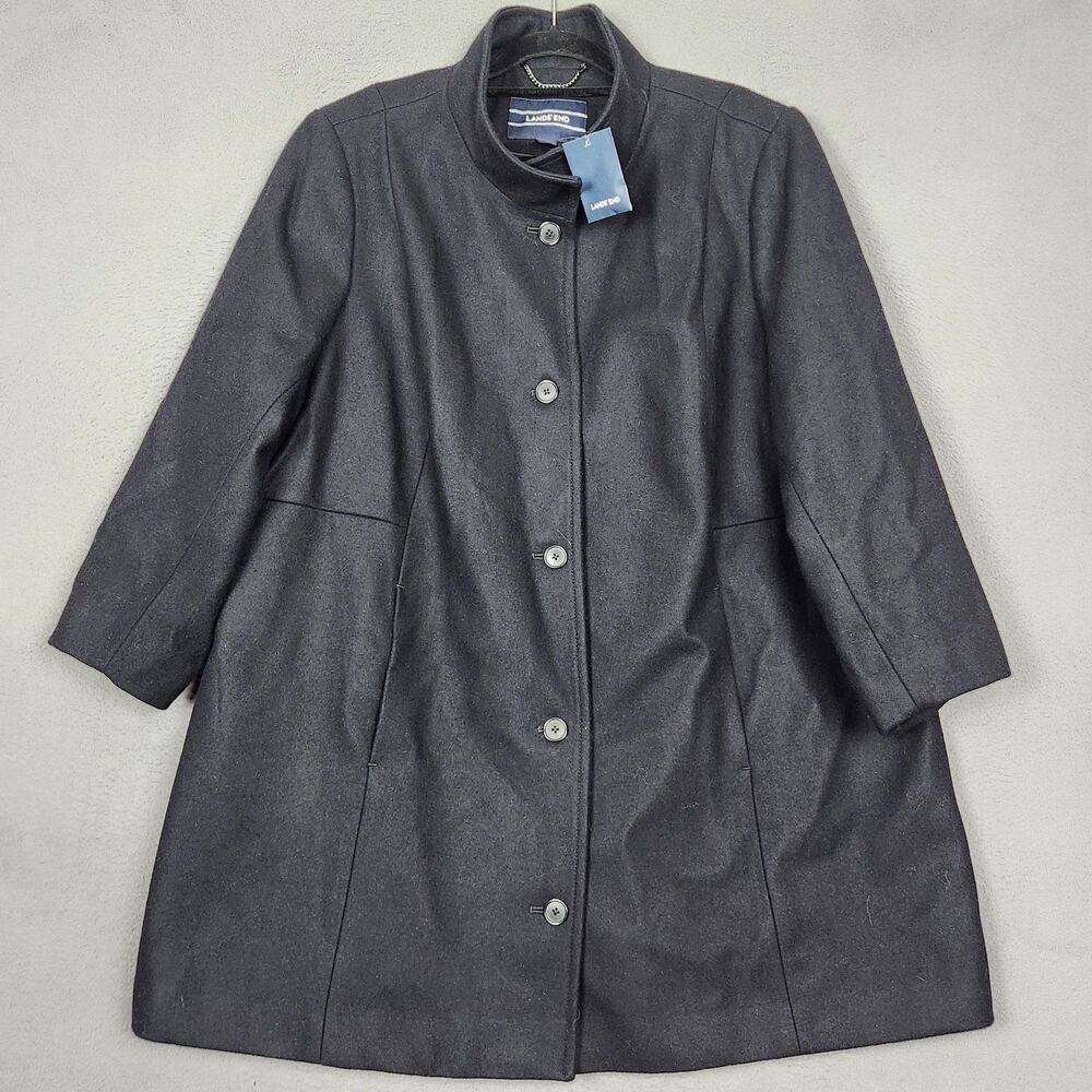 Lands End Coat Womens 26W Black Wool Lined Single Breasted Plus Size Overcoat